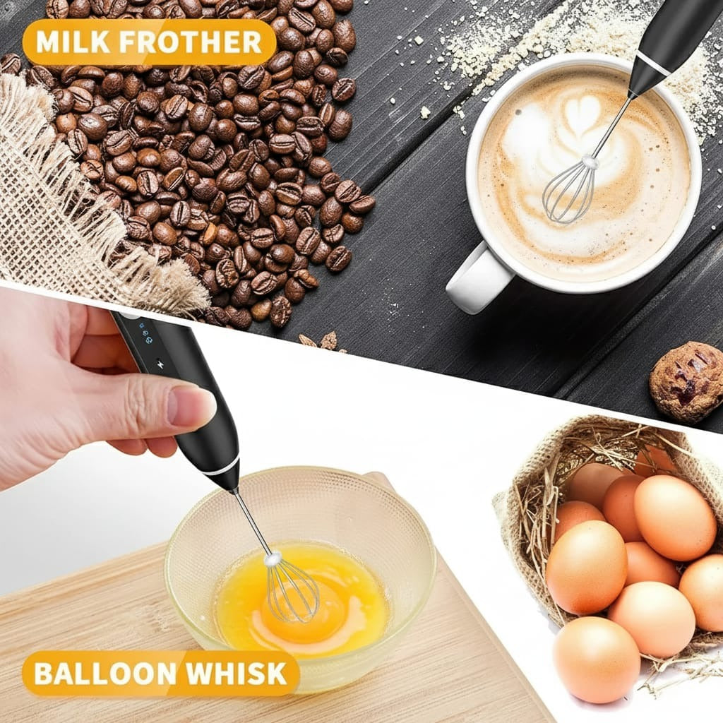 Rechargeable Electric Milk Frother & Whisk Set | 3-Speed USB Rechargeable Coffee Beater with Stainless Steel Whisk