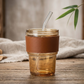 Premium Amber Glass Coffee Tumbler – Travel Mug with Leather Heat Sleeve, Glass Straw (400ml)