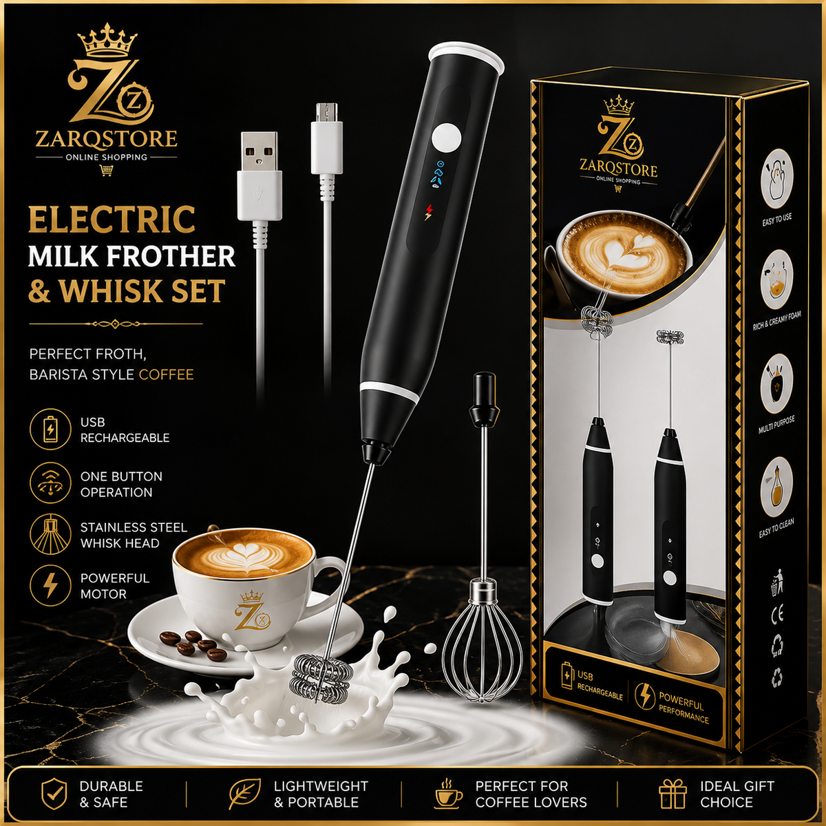 Rechargeable Electric Milk Frother & Whisk Set | 3-Speed USB Rechargeable Coffee Beater with Stainless Steel Whisk