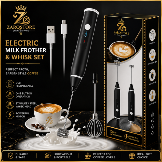 Rechargeable Electric Milk Frother & Whisk Set | 3-Speed USB Rechargeable Coffee Beater with Stainless Steel Whisk