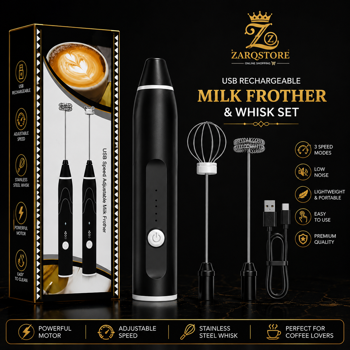Rechargeable Electric Milk Frother & Whisk Set | 3-Speed USB Rechargeable Coffee Beater with Stainless Steel Whisk