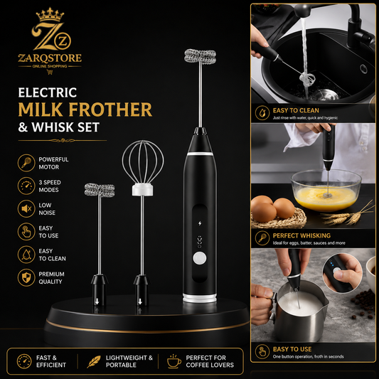 Rechargeable Electric Milk Frother & Whisk Set | 3-Speed USB Rechargeable Coffee Beater with Stainless Steel Whisk