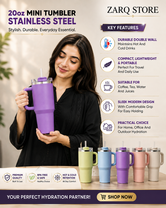 20oz Mini Stainless Steel Tumbler – Hot & Cold Travel Mug (Colour Random)